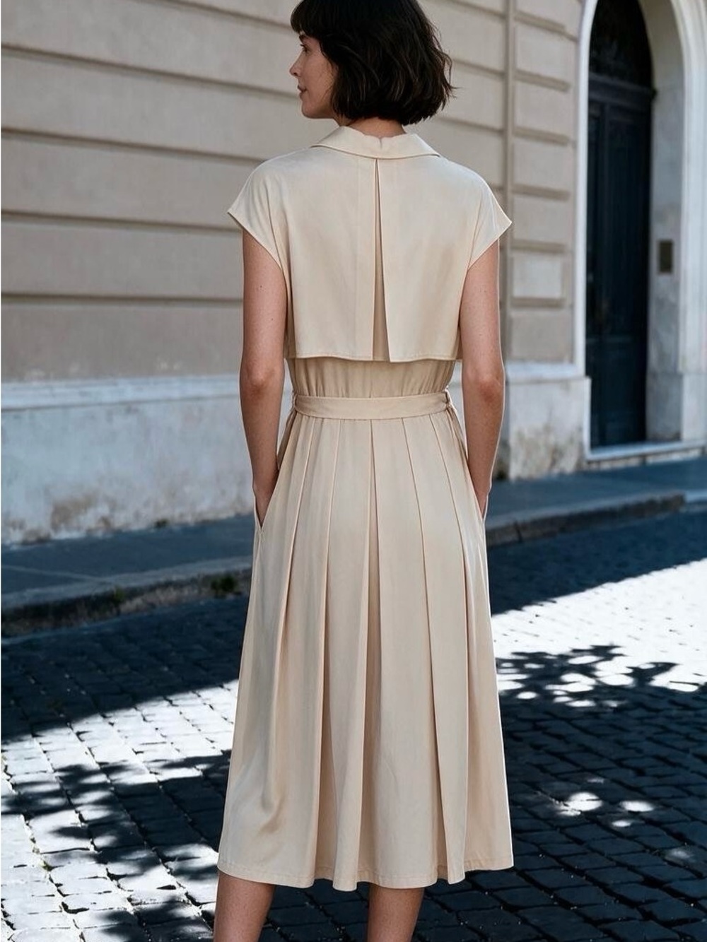 Elegant Champagne 100% Acetate Button-Front Midi Dress - Picture 2 of 7